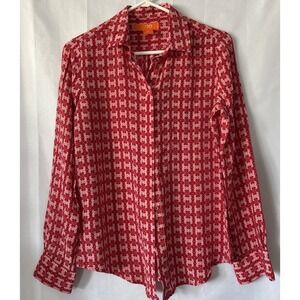 Joe Fresh Red Pink blouse button down women S/P floral Artsy 100% Silk 70s Retro